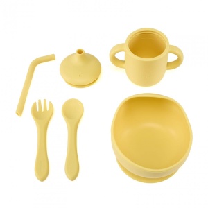 Set 4 piese diversificare din silicon: Cana cu pai, bol , lingurita si furculita, galben, U-Grow - Img 3