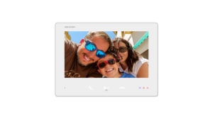 Monitor video interfon color Hikvision DS-KH7300EY-TE2/WH, 7-inch Colorful TFT screen, rezolutie: 1024 × 600, 3 butoane, 10/100 Mbps self- adaptive prin 2 fire, TF card: Max to 128 G, SD 2.0 or lower version, alimentare: 48V din DS-KAD7060EY sau