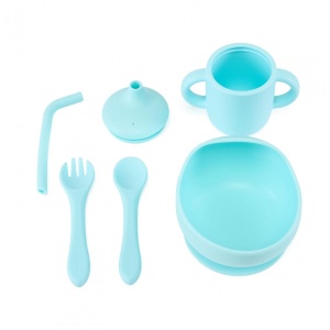 Set 4 piese diversificare din silicon: Cana cu pai, bol , lingurita si furculita, blue, U-Grow - Img 3