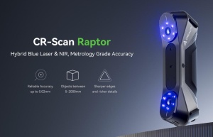 CREALITY 3D SCANNER CR-SCAN RAPTOR, mod scanare: Blue Light(Blue 7-line laser) / NIR(infrared binocular structured light), Acuratete: 0.02mm @ 100mm, Rezolutie: 0.02-2mm, Viteza scanare: pana la 60fps, volum minim scanare: 5mm x 5mm x 5mm, Raza single