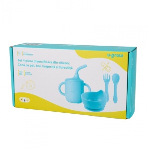 Set 4 piese diversificare din silicon: Cana cu pai, bol , lingurita si furculita, blue, U-Grow - Img 4