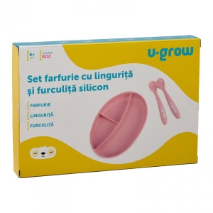 Set farfurie cu lingurita si furculita silicon, roz , U-Grow - Img 3