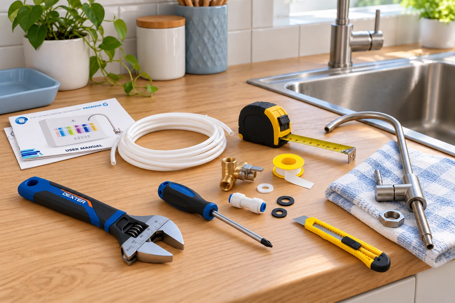 Unelte și accesorii pentru montarea filtrului de apă, pregătite pe blat: cheie reglabilă, șurubelniță, ruletă, cutter, bandă de teflon, tub și manual de instalare.