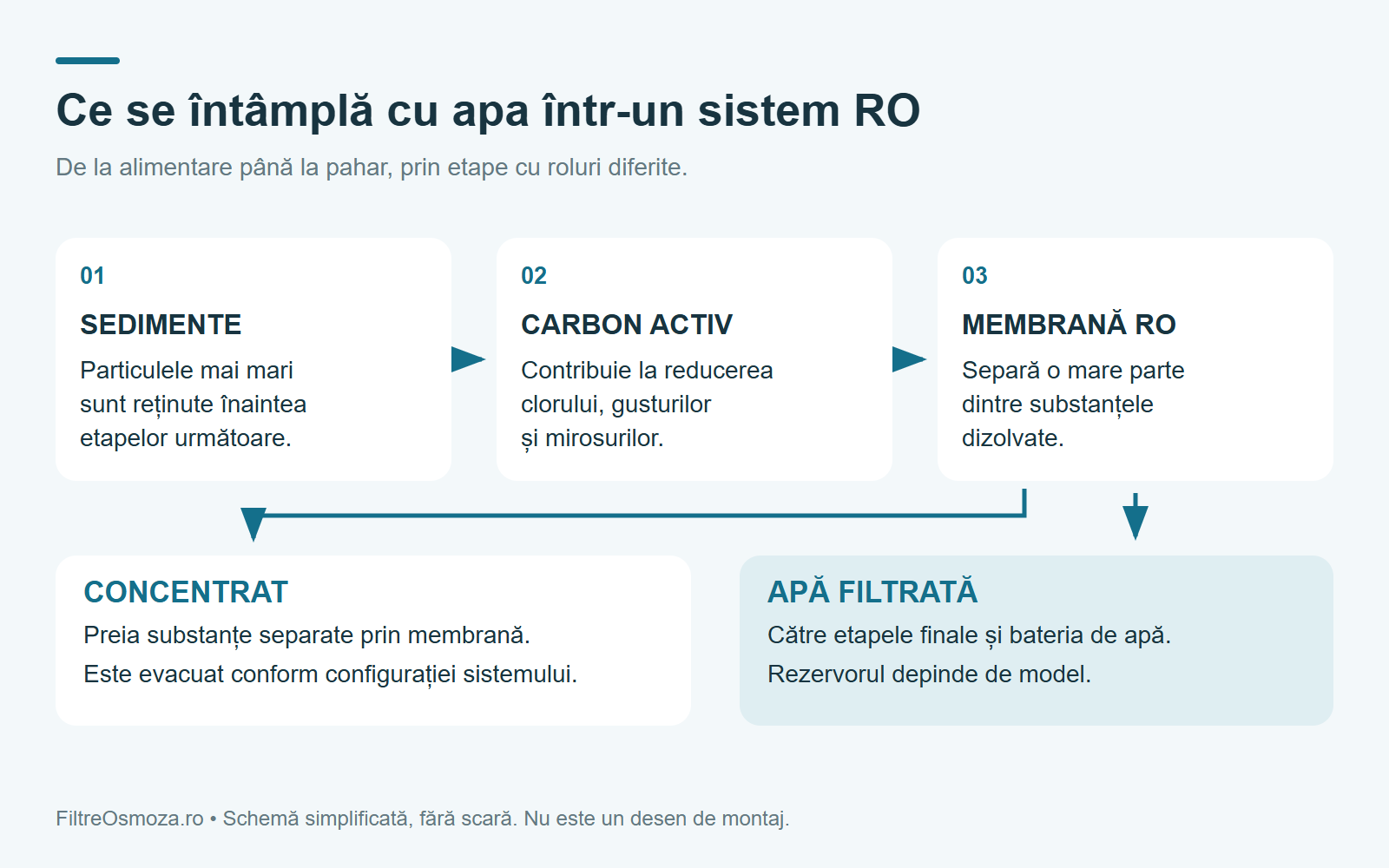 Traseul simplificat al apei: prefiltrare, carbon activ, membrană RO și două ieșiri, pentru apă filtrată și concentrat.