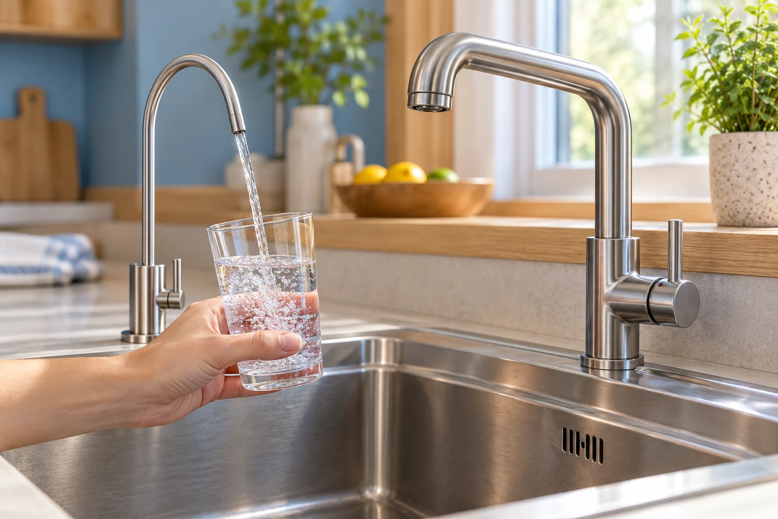 Umplerea unui pahar la robinetul separat pentru apă filtrată