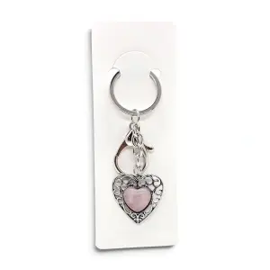 Breloc En-gros „Inimă Filigranată” din Metal Argintiu cu Cristal de Cuarț Roz