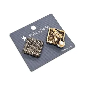 Cercei cu Clips Pătrați Diamond-Shape cu Strasuri Argintii pe bază Aurie- Engros