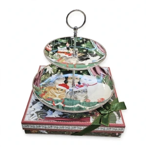 Platou Etajat pe 2 Niveluri din Porțelan / Ceramică cu Suport Metalic și Cutie Decorativă – Ilustrație Festivă Pisicuțe de Crăciun En-Gros (A4-3)