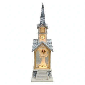 Biserică Decorativă cu Apă și Sclipici en-gros – Turlă Albă Ninsă cu Înger și LED (A5-5)