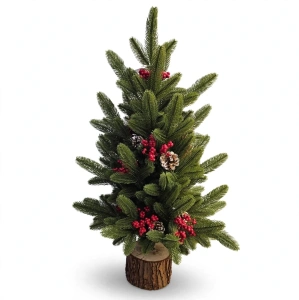 Brăduț Decorativ Artificial pe Bază din Lemn, 70 cm – Aranjament Festiv cu Merișoare Roșii și Conuri, En-Gros (A30-2)