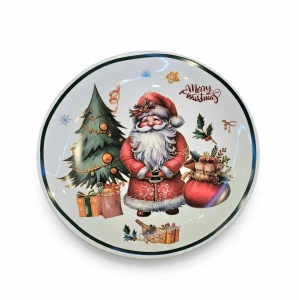 Platou Decorativ Rotund / Farfurie Festivă de Crăciun – Imprimeu Moș Crăciun, Brad și Sac cu Cadouri - En-Gros (A7-12)