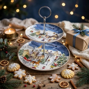Platou Etajat pe 2 Niveluri din Porțelan / Ceramică cu Suport Metalic și Cutie Decorativă – Ilustrație Festivă Peisaj de Iarnă cu Căsuțe și Moș Crăciun En-Gros (A4-8) - Img 2