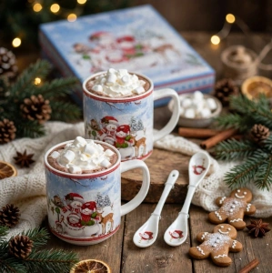 Set Cadou 2 Căni din Porțelan / Ceramică cu Lingurițe și Cutie Decorativă – Ilustrație Festivă Om de Zăpadă și Animăluțe En-Gros (A4-12) - Img 2