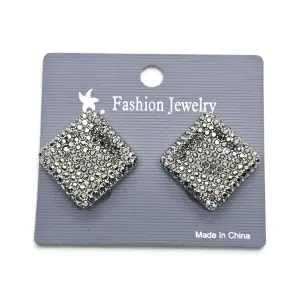 Cercei cu Clips Pătrați Diamond-Shape cu Strasuri Argintii - Engros - Img 2