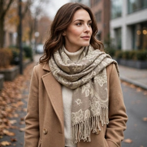 Șal / Eșarfă Premium de Damă cu Model Paisley – Nuanțe Bej-Taupe și Crem cu Franjuri En-gros(A15-3) - Img 2