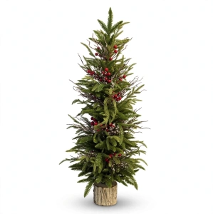 Brăduț Decorativ Artificial Înalt pe bază de Lemn, 90 cm – Aranjament Festiv Zvelt cu Merișoare Roșii și Crenguțe Brumate, En-Gros (A30-1)
