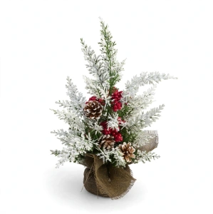 Brăduț Decorativ Artificial nins în Ghiveci Învelit în Iută, 35 cm – Aranjament Festiv cu Conuri și Merișoare Roșii, En-Gros (A30-4)