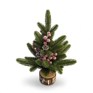 Brăduț Decorativ Artificial pe Bază din Trup de Lemn, 43 cm – Aranjament Festiv cu Merișoare Brumate și Conuri, En-Gros (A30-3)