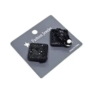 Cercei cu Clips Pătrați Diamond-Shape cu Strasuri Negre - Engros