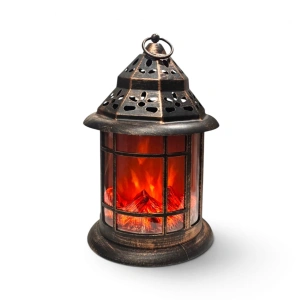 Felinar Decorativ Rotund cu Capac Perforat și Șemineu LED – Design Oriental-Vintage, Bronz Patinat (En-Gros) (A27-5)
