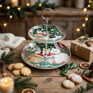 Platou Etajat pe 2 Niveluri din Porțelan / Ceramică cu Suport Metalic și Cutie Decorativă – Ilustrație Festivă Pisicuțe de Crăciun En-Gros (A4-3) - Img 2