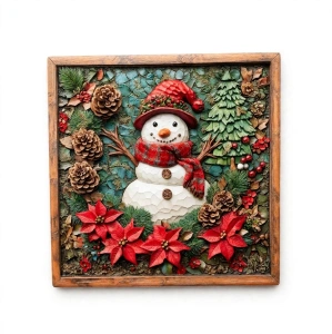 Suport Ceramic Pătrat Termorezistent 15 cm – Ilustrație Festivă 3D cu Om de Zăpadă, Conuri și Crăciunițe, En-Gros (A9-3)