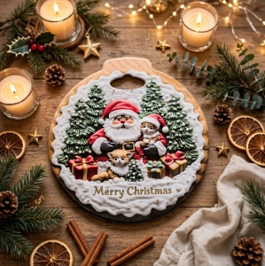 Suport Ceramic Rotund Termorezistent pentru Vase Fierbinți în Formă de Glob, 20 cm – Ilustrație Festivă cu Moș Crăciun, Pisicuțe și Cadouri, En-Gros (A9-7) - Img 2