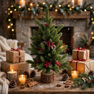 Brăduț Decorativ Artificial pe Bază din Lemn, 70 cm – Aranjament Festiv cu Merișoare Roșii și Conuri, En-Gros (A30-2) - Img 2