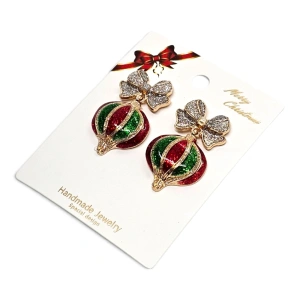 Cercei Festivi Glamour – Glob Vintage cu Sclipici Roșu/Verde și Fundă cu Cristale (En-Gros)