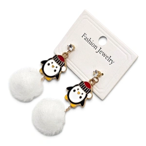 Cercei Lungi Festivi – Pinguin cu Căciuliță și Pompom Alb Pufos (En-Gros)