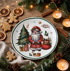 Platou Decorativ Rotund / Farfurie Festivă de Crăciun – Imprimeu Moș Crăciun, Brad și Sac cu Cadouri - En-Gros (A7-12) - Img 2