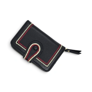 Portofel Dama Compact cu Cusături Decorative – Piele Ecologică Neagră(B2B / En-Gros) - Img 3