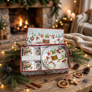 Set Cadou 2 Căni din Ceramică / Porțelan cu Farfurioare și Cutie Decorativă – Ilustrație Festivă Spiriduși / Pitici de Crăciun En-Gros (A4-13) - Img 2