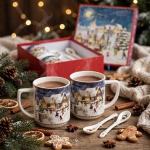 Set Cadou 2 Căni din Porțelan / Ceramică cu Lingurițe și Cutie Decorativă – Ilustrație Festivă Sat de Poveste și Moș Crăciun En-Gros (A4-10) - Img 2