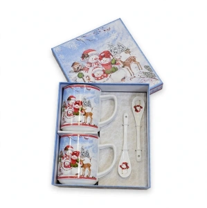 Set Cadou 2 Căni din Porțelan / Ceramică cu Lingurițe și Cutie Decorativă – Ilustrație Festivă Om de Zăpadă și Animăluțe En-Gros (A4-12)
