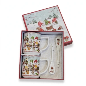 Set Cadou 2 Căni din Porțelan / Ceramică cu Lingurițe și Cutie Decorativă – Ilustrație Festivă Spiriduși / Pitici de Crăciun En-Gros (A4-14)