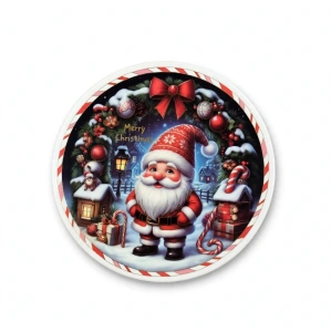 Suport Decorativ Rotund / Platou Festiv de Crăciun – Imprimeu Moș Crăciun, Coroană de Brad și Acadele - En-Gros (A7-13)