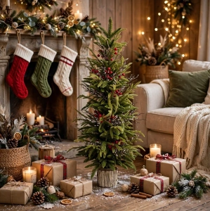 Brăduț Decorativ Artificial Înalt pe bază de Lemn, 90 cm – Aranjament Festiv Zvelt cu Merișoare Roșii și Crenguțe Brumate, En-Gros (A30-1) - Img 2