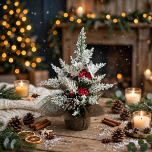Brăduț Decorativ Artificial nins în Ghiveci Învelit în Iută, 35 cm – Aranjament Festiv cu Conuri și Merișoare Roșii, En-Gros (A30-4) - Img 2