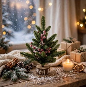 Brăduț Decorativ Artificial pe Bază din Trup de Lemn, 43 cm – Aranjament Festiv cu Merișoare Brumate și Conuri, En-Gros (A30-3) - Img 2