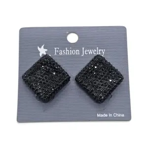 Cercei cu Clips Pătrați Diamond-Shape cu Strasuri Negre - Engros - Img 2