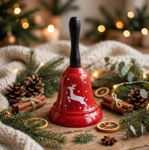 Clopoțel Decorativ din Metal cu Mâner Negru – Roșu Festiv cu Motiv Ren și Fulgi de Zăpadă - En-Gros (A23-8) - Img 2