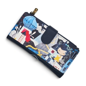 Portofel Damă Engros- Model Artistic Multicolor / Bleumarine din Piele Ecologică (2)