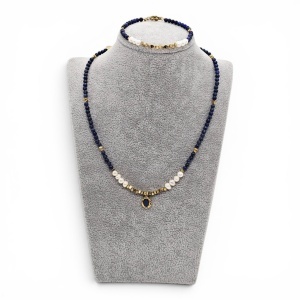 Set colier si brățară cu perle de cultură si Lapis - Img 2