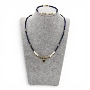 Set colier si brățară cu perle de cultură si Lapis - Img 2