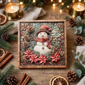 Suport Ceramic Pătrat Termorezistent 15 cm – Ilustrație Festivă 3D cu Om de Zăpadă, Conuri și Crăciunițe, En-Gros (A9-3) - Img 2