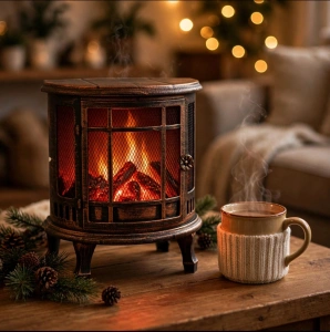 Sobă Decorativă cu Piciorușe și Șemineu LED – Design Retro cu Grilaj, Bronz Patinat (En-Gros) (A27-1) - Img 2