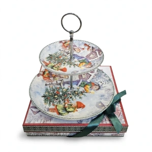Platou Etajat pe 2 Niveluri din Porțelan / Ceramică cu Suport Metalic și Cutie Decorativă – Ilustrație Festivă Copii la Bradul de Crăciun En-Gros (A4-2)
