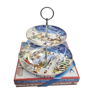 Platou Etajat pe 2 Niveluri din Porțelan / Ceramică cu Suport Metalic și Cutie Decorativă – Ilustrație Festivă Peisaj de Iarnă cu Căsuțe și Moș Crăciun En-Gros (A4-8)