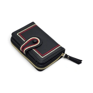 Portofel Dama Compact cu Cusături Decorative – Piele Ecologică Neagră(B2B / En-Gros)